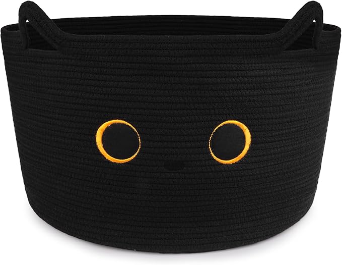 Large Black Cat Basket for Nursery, Cute Cat Woven Laundry Blanket Cotton Rope Extra Storage Basket with Handles, 0rganize Decorative Gifts for Towels Pillow Clothes Hamper Toy Bin,23"D×13"H