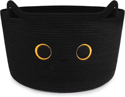 Large Black Cat Basket for Nursery, Cute Cat Woven Laundry Blanket Cotton Rope Extra Storage Basket with Handles, 0rganize Decorative Gifts for Towels Pillow Clothes Hamper Toy Bin,23"D×13"H