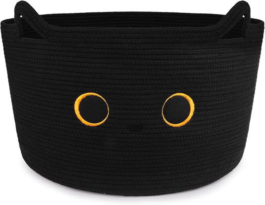 Large Black Cat Basket for Nursery, Cute Cat Woven Laundry Blanket Cotton Rope Extra Storage Basket with Handles, 0rganize Decorative Gifts for Towels Pillow Clothes Hamper Toy Bin,23"D×13"H