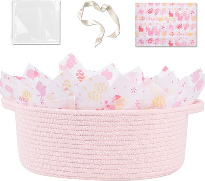 OIAHOMY Gift Basket with Handle, 13.4"x 10"x 5.5" Easter Basket with Gift Bag, Ribbon and Wrap Tissue Paper, Nursery Bins Empty to Fill with Towels, Baby, Pet Toy Organizer - Easter Pink