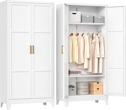INTERGREAT 71” H Metal Wardrobe Cabinets with 2 Doors, Large Clothing Storage Cabinets with Hanging Rod and Adjustable Shelves, Closet for Home Living/Laundry Room(White)