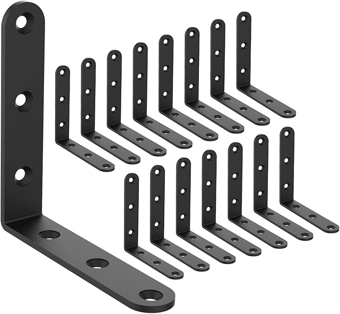 Shelf Brackets Corner Brace Black Steel L Brackets for Shelves Decorative Wall Mount Joint Angle Brackets for Shelf with Screws 16 Pack (4 x 4 Inch )