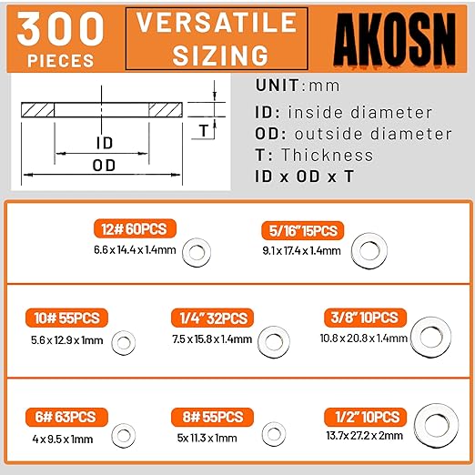 Stainless Steel Flat Washers Assortment Kit, SAE 304, 300-Piece Metal Screw Washers Set for Bolts, 8 Sizes #6; #10; #12; 1/4"; 5/16"; 3/8"; 1/2"