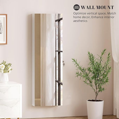 Vlsrka 47.2" LED Jewelry Mirror Cabinet, Wall/Door Mounted Jewelry Armoire Organizer with Full Length Mirror, Large Storage Hanging Cabinet, 4 Drawers, 5 Shelves (White)