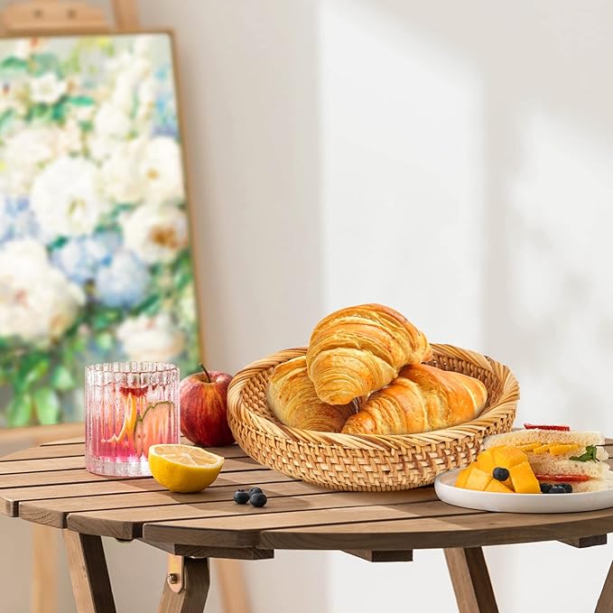 Natural Rattan Round Fruit Basket Bowls, Hand Woven Decor Serving Baskets, Wicker Storage for Dinning Room (Round-Combo)