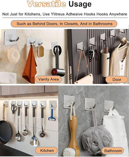 8 Pack Adhesive Wall Hooks, Self-Adhesive Hooks for Bathroom, Door Back Stick-On Towel Hooks, Hanging Coat Hat Key Washcloths Aprons Oven Mitts for Kitchen Shower Garage Home, Silver