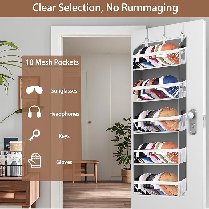 Over the Door Hat Organizer & Rack - Holds 60 Baseball Caps, Hat Storage for Closet Door Wall with 10 Clear Mesh Pockets, Grey