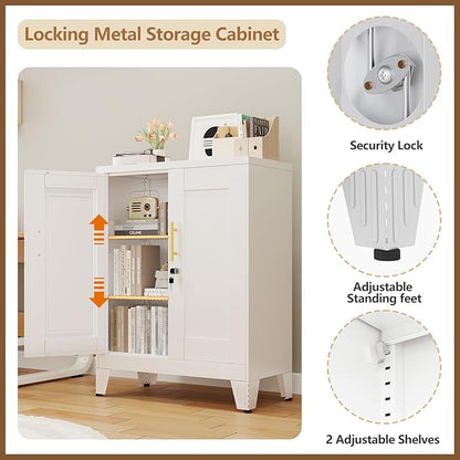36" Metal Floor Storage Cabinet, Locked Steel Storage Cabinets with 2 Doors and 2 Adjustable Shelves, White Kitchen Cabinet, Freestanding Cabinet for Home/Office/Garage/Tool Room/Bathroom