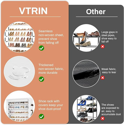 VTRIN Tall Shoe Rack with Cover, 10 Tier Shoe Organizer Storage for 50-55 Pairs Shoes and Boots Large Capacity Shoe Shelf with 8 Pockets Free Standing Shoe Rack for Closet, Entryway, Garage, White