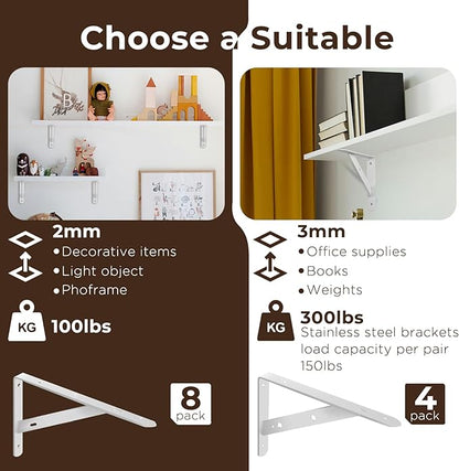 Shelf Brackets Heavy Duty, 4 Pack White 6 inch Floating Shelf Bracket, Max Load 300 lbs of Metal Triangle Decorative Shelf Support Brackets for Wall Mount