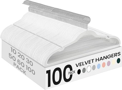 SONGMICS Velvet Hangers 100 Pack, Non-Slip Clothes Hangers with Shoulder Notches, Pants Bar, 360° Swivel Hook, Space-Saving, for Closet, Cloud White UCRF029W010