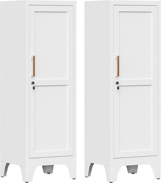 46"H White Metal Locker Set of 2,Small Locking Cabinet with 1 Door and 2 Adjustable Shelves For Employees,3 Tier Small Storage Cabinet with Detachable Legs for Kitchen, Office,School,Gym,Easy Assembly
