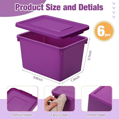 6 Pack Cute Plastic Storage Bins with Lids Decorative Stackable Storage Boxes 9.8" ×7.3" ×5.7" Small Storing Totes for Organizing Craft Office Supplies (Colorful)
