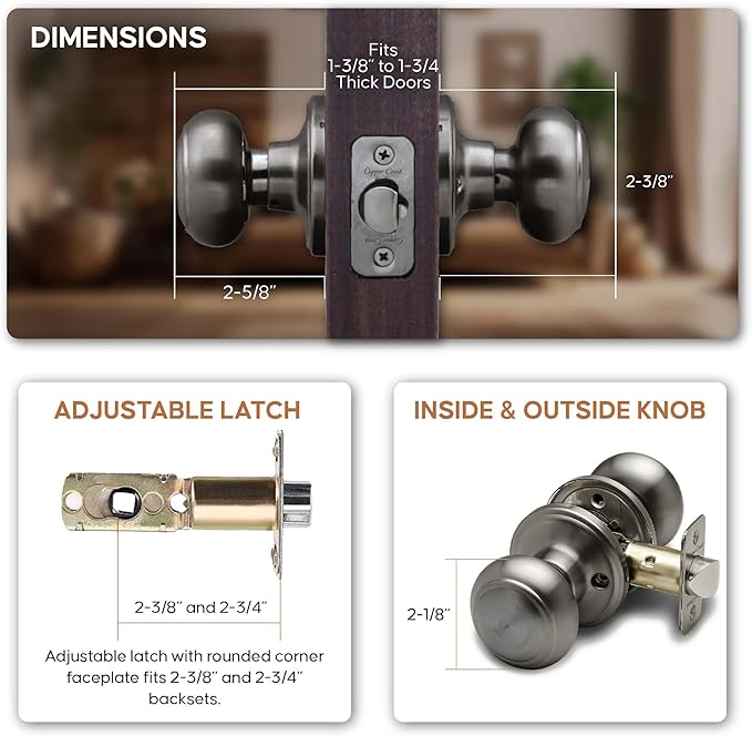 Copper Creek Colonial Passage Interior Door Knob – ANSI Grade-3 Certified, Modern Heavy Duty Handle, Easy Install and Reversible for Bedroom, Bathroom and Closets – Antique Nickel (1 Pack)