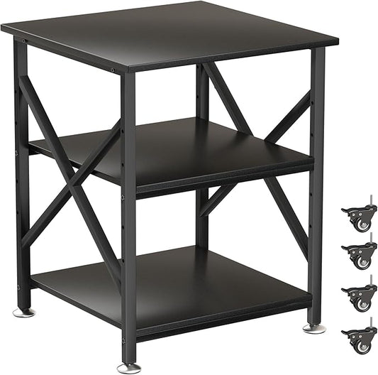 Printer Stand, 23.6 x 23.6 Inches Large Printer Stand with Adjustable Storage Shelf, 3 Tier Printer Table for Home Office, Rolling Printer Cart with Industrial Wheels, Mini Fridge Stand Table, Black