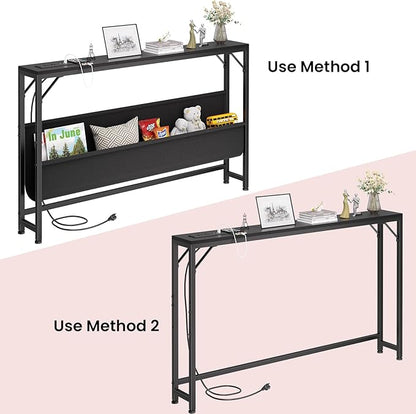 47.2'' Skinny Console Table with Power Outlet, 5.91" Behind Couch Table with Charging Station, Long Sofa Table, Narrow Entryway Table for Living Room, Foyer, Hallway, Black