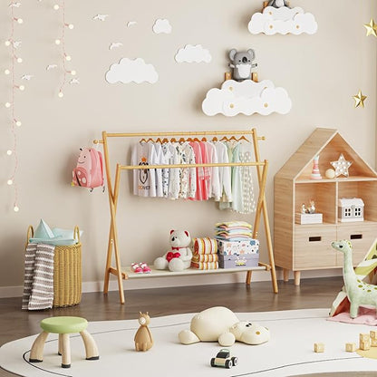 Kids Clothing Rack With Storage Shelf & Double Rods, Foldable Dress Up Clothes Rack for Toddler Nursery, Child's Room, 100% Natural Bamboo (Large Size)
