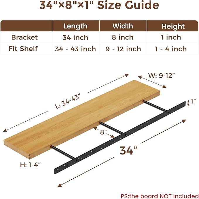 2pcs Floating Shelf Bracket Heavy Duty Floating Mantel Bracket Black Metal Decorative Floating Shelf Hardware Hidden Shelving Mounting Brackets (34″X8″X1″)