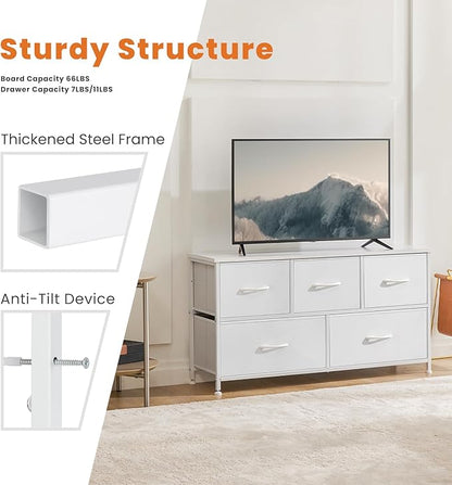 Sweetcrispy Dresser for Bedroom with 5 Storage Drawers, Fabric Storage Tower Organizer, Chest of Drawers with Metal Frame Wooden Top for Closet, Living Room, Entryway, White