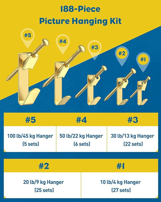 Uniclife 188 Pcs Picture Hanging Kit, 10 lb, 20 lb, 30 lb, 50 lb, 100 lb Heavy Duty Picture Hangers for Drywall & Wood, Picture Hanging Hooks, Frame Hooks for Hanging Photos Mirrors Paintings