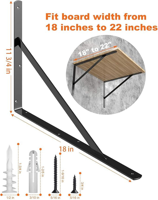 LuckIn 8-Pack Heavy Duty Shelf Bracket, 18 Inch Wall Shelf Brackets with 90 Degree Triangle, 250 LBS Max Load, Mounting Hardware Included, Black