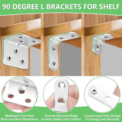 25Pcs Silver L Brackets for Shelves, 3 Sizes Angle Corner Braces Metal L Bracket Heavy Duty for Wood, Sturdy and Rustproof for Repairing Furniture with 82Pcs Screws Mounting Bracket Easily