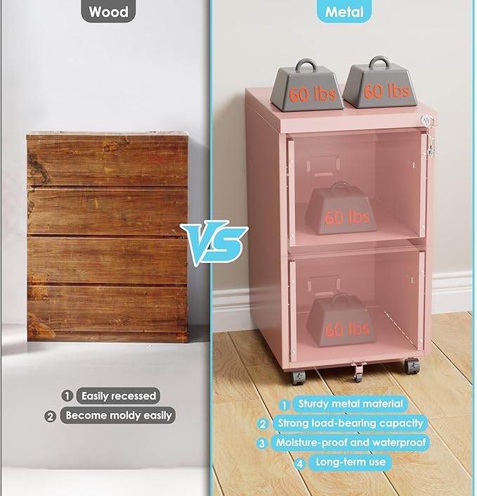 Aobabo 2 Drawer Filing Cabinet with Wheels, Lockable Metal File Cabinet with Business Card Slot for Legal/Letter Size Home Office, Required Assembled,Pink