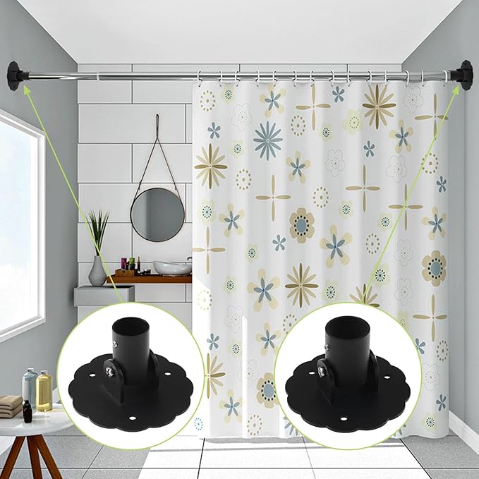 Flower-Shape Shower Curtain Rod Bracket, 2Pcs Telescopic Metal Shower Drape Rod Swivel Flange Curtain Pole Wall-Mount Bracket (Black, 22mm & 26mm)