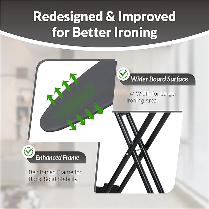 2026 Enhanced Ironing Board, Folding Iron Board with Retractable Iron Rest& Hook, 7-Level Height Adjustable Ironing Table with Thermo-Reflective Surface &10mm Thicken Pad, 43"x14"x36"