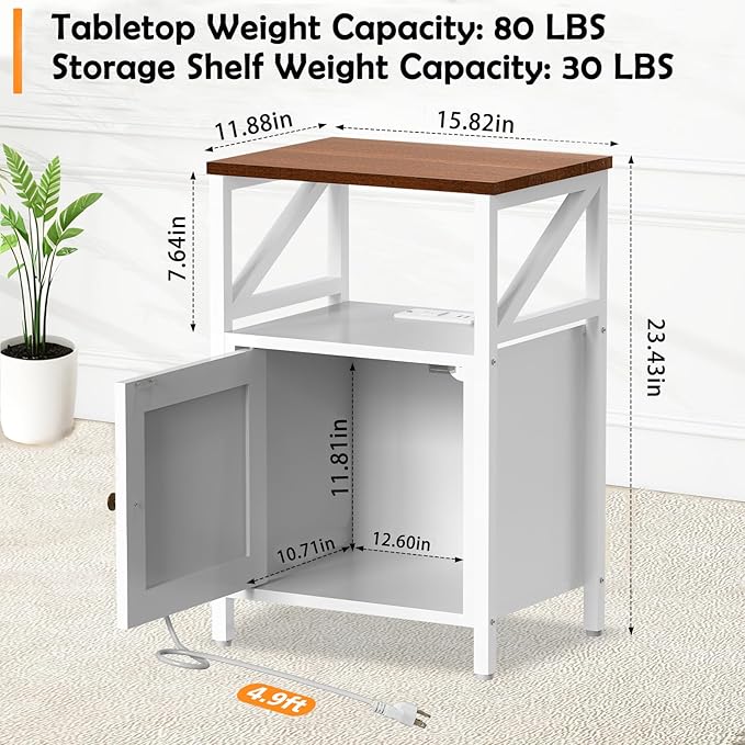 Farmhouse Side Table with Charging Station -3-Tier USB Ports & Outlets End Table, Compact Bedside Storage Table for Small Spaces, Multi-Functional Accent Table for Bedroom, Living Room, Couch Entryway