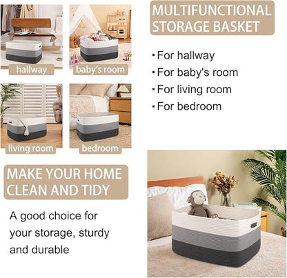 OIAHOMY Large Blanket Basket For Living Room, Rectangle Woven Baskets for Storage, Nursery Toy Storage With Handle-22”x17”x12”-Gradient Dark Grey