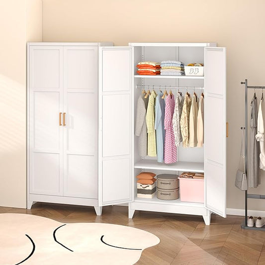 INTERGREAT 71” H Metal Wardrobe Cabinets with 2 Doors, Large Clothing Storage Cabinets with Hanging Rod and Adjustable Shelves, Closet for Home Living/Laundry Room(White)
