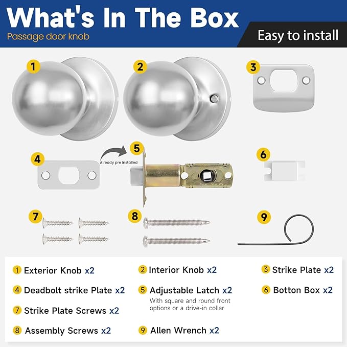 Passage Door Knob - Closet Door Knobs, Keyless Doorknob Interior Door Knob Without Lock for Hallway, 2 Pack, Satin Nickel