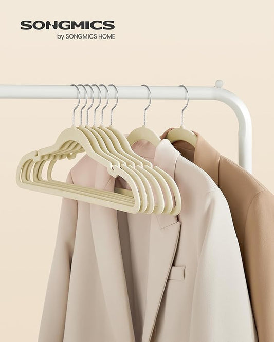 SONGMICS Velvet Hangers 50 Pack, Non-Slip Clothes Hangers, Suit Hangers with Shoulder Notches, Pants Bar, 360° Swivel Hook, Space-Saving, for Closet, Sand Beige UCRF029K05