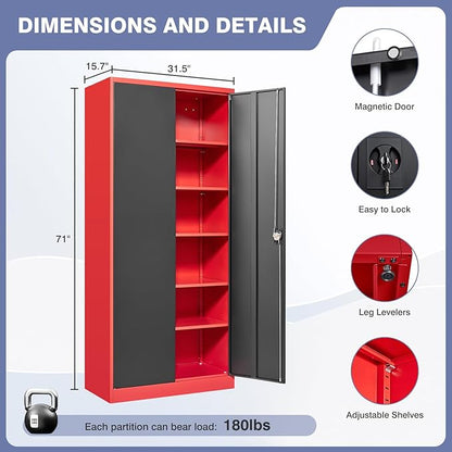 Metal Garage Cabinet,71" Lockable Storage Cabinet with 2 Doors and 5 Adjustable Shelves,Tall Steel Cabinets for Garage,Home Office,Basement,School,Hospital(Black & Red)