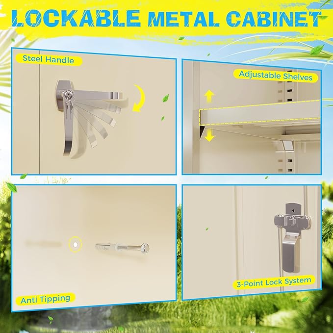 Pataku Metal Storage Cabinet, 72" Garage Cabinet with Doors and Shelves Lockable Steel Multifunctional Cabinets, File Cabinets for Home, Office, Warehouse(Putty)