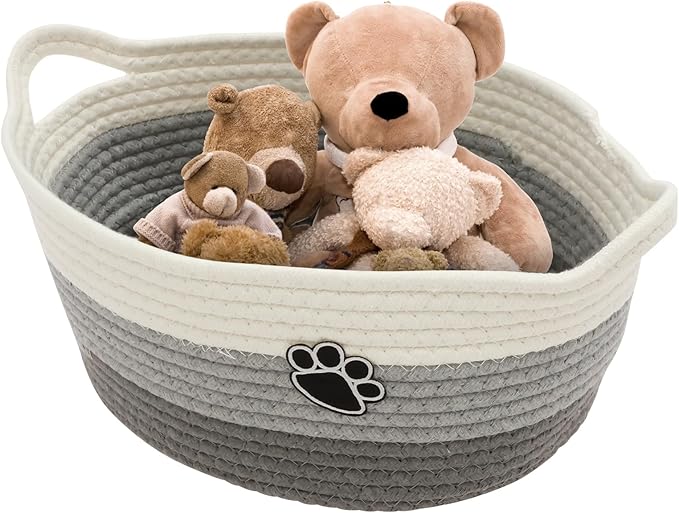 Woven Toy Storage Basket Bin Dog Toy Basket Foldable Cotton Rope Box Multipurpose Woven Case Portable Diaper Organizer Box for Toys Living Room Bathroom (Grey White)