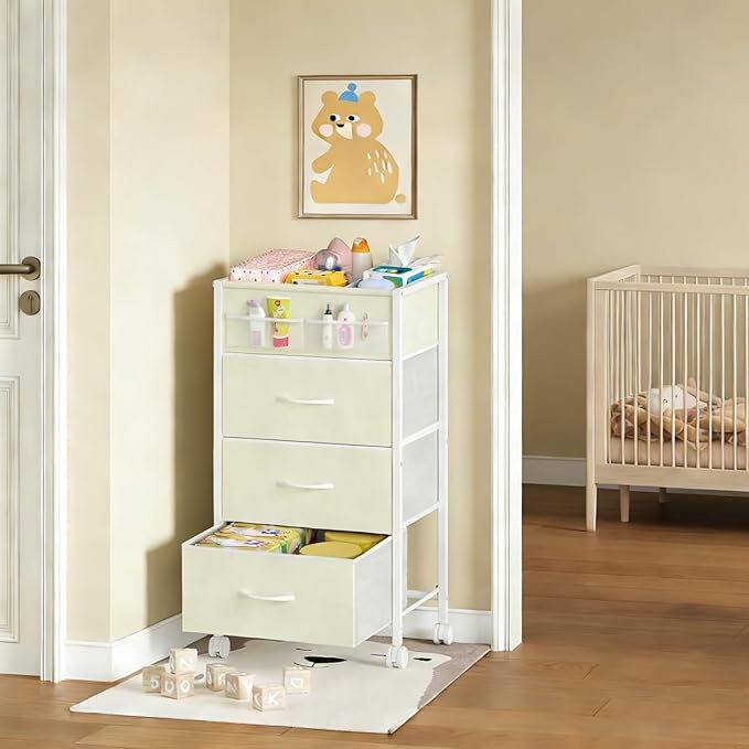4-Tier Baby Diaper Caddy Organizer Cart with 3 Storage Drawers, Rolling Cart with Dividers & Side Pockets for Nursery, Baby Essentials, Toys, Wipes & Creams, Portable Baby Storage Cart & Station