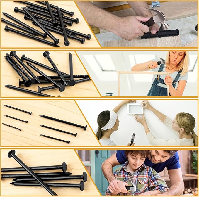 KURUI Black Nails for Hanging Wall Decor Tapestry Pictures Frame,700pc Picture Hangers for Bedroom Bathroom Office, 6 Sizes Small Finish Nails Assortment Kit,640 Frame Nails and 60 Finishing Nails