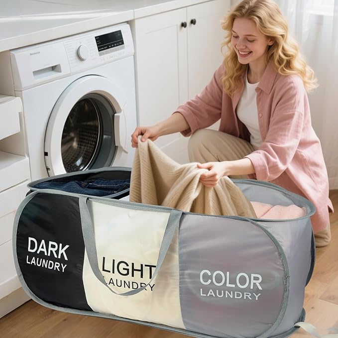 Seefoo 3-Section Foldable Hamper for Laundry, Collapsible Laundry Baskets with Easy Carry Handles, Space-Saving Clothes Pop Up Hamper with Dark/Light/Color Sorting Labels for Home, Travel, Dorm