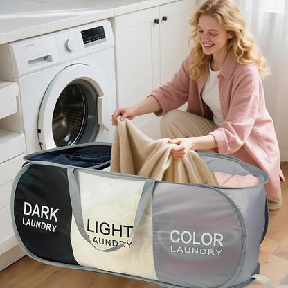 Seefoo 3-Section Foldable Hamper for Laundry, Collapsible Laundry Baskets with Easy Carry Handles, Space-Saving Clothes Pop Up Hamper with Dark/Light/Color Sorting Labels for Home, Travel, Dorm