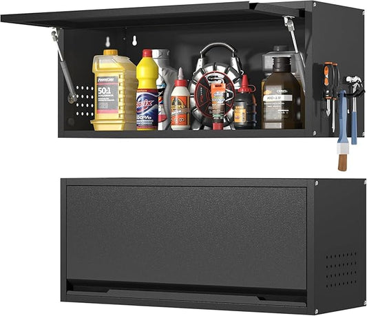 Metal Garage Wall Cabinet, Floating Garage Tool Cabinets with Up-Flip Door,13.8''H Hanging Wall Mounted Storage Cabinet for Garage, Warehouse, Kitchen, Bathroom, Workshop, RV, Black