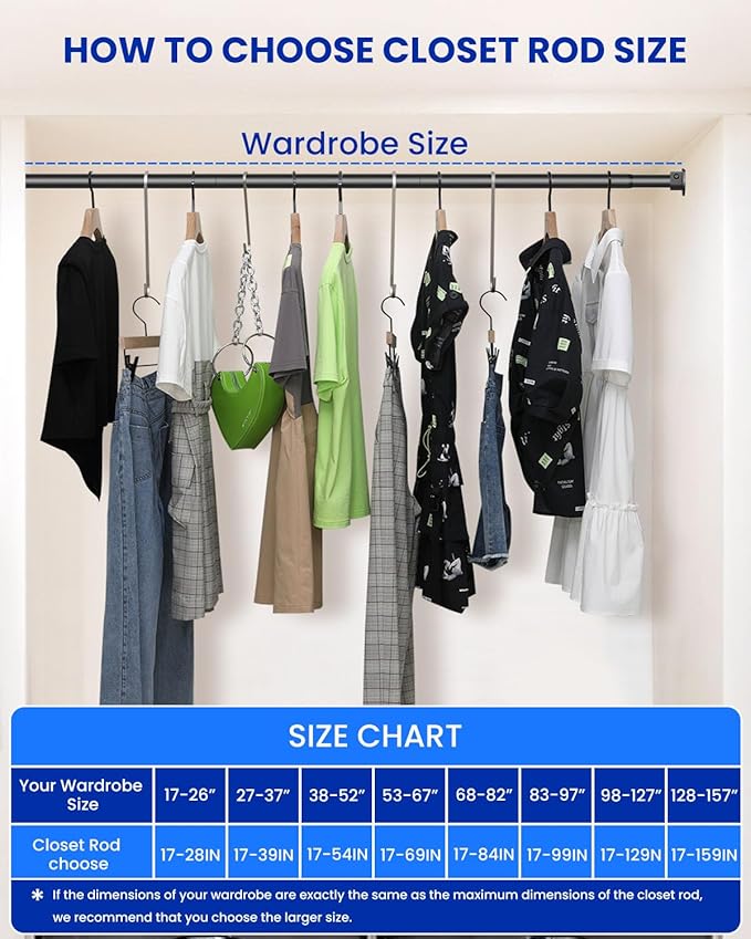 Closet Rods for Hanging Clothes, 17 to 129 Inches Stepless Adjustable Metal Closet Rod, 1.3 Inches Heavy Duty Clothes Hanging Rod for Closet Wardrobes Laundry RV, Black