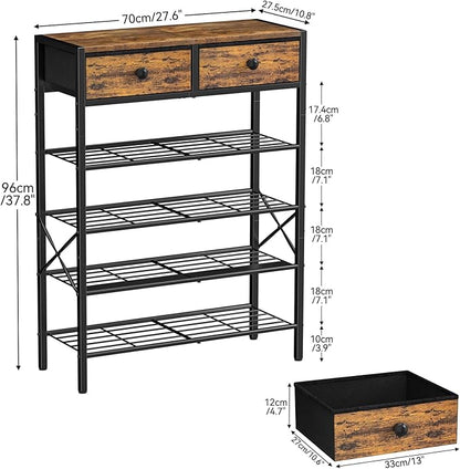 Shoe Rack for Entryway, 5 Tier Shoe Organizer with 2 Non-woven Drawers, Metal Storage Shoe Shelf for 16-20 Pairs of Shoes, with Wooden Top and Steel Frame, Shoe Stand for Closet Rustic Brown