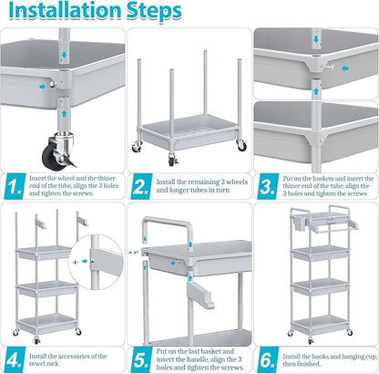 SPACEKEEPER Rolling Storage Cart, 4-Tier Bathroom Organizer Utility Cart Laundry Room Organization Mobile Shelving Unit with Towel Rack, Lockable Wheel, Hooks & Cup for Kitchen Bedroom Office, Grey