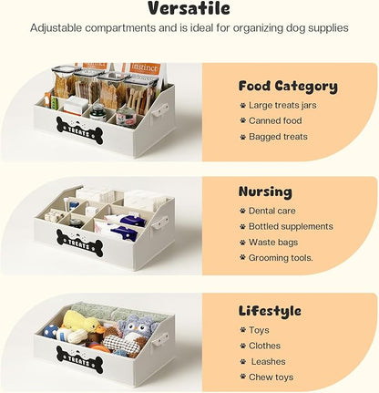 Dog Treat Container, Dogs Storage Organizer with Removable Dividers, Collapsible Dogs Treat Holder for Countertop, Trapezoid Pet Treats Containers, Dog Toy Basket with PU Handles, Large, Beige
