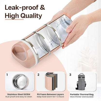 Lille Home Stackable Stainless Steel Lunch Containers, 43OZ Capacity 3 Layers Leakproof Bento Box for Adult, Portable Lunch Box for Women, Man, Travel, Office with Lunch Bag (Gold.Pro)