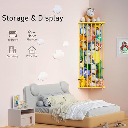 Corner Stuffed Animal Storage Net - Stuffed Animals Holder with Lights - Plush Organizer Hanging Stuffed Animal Hammock for Wall (Yellow, X-Large)