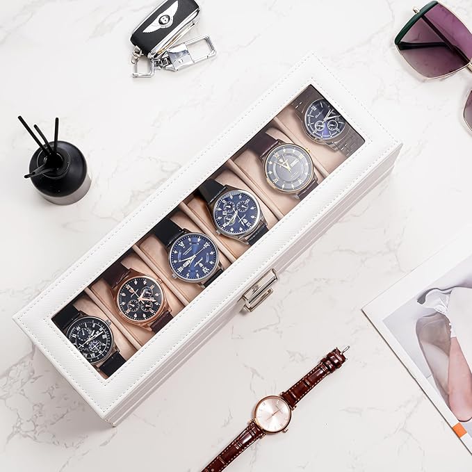 ProCase Watch Box, 6 Slot Watches Display Case with Drawer, Mens Watch Case with Glass Lid, 2-Layer Mens Jewelry Organizer Storage Holder, Birthday Valentine Gifts for Men -6 Slot, White