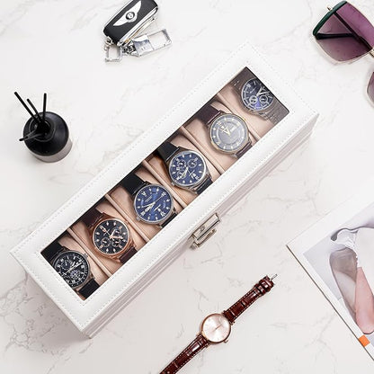 ProCase Watch Box, 6 Slot Watches Display Case with Drawer, Mens Watch Case with Glass Lid, 2-Layer Mens Jewelry Organizer Storage Holder, Birthday Valentine Gifts for Men -6 Slot, White